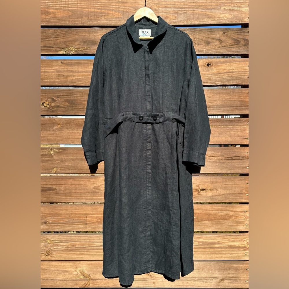 FLAX Black 100% Linen Long Sleeve Front Zip Duster Jacket Pockets and Belt